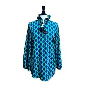 Mud Pie Blue & Green Geometric Long Sleeve Tunic Top Size Medium NEW